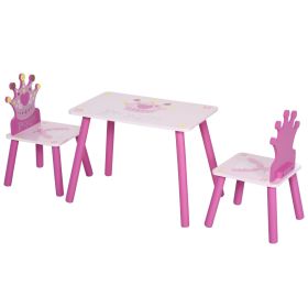 Kids Wood Table and Chair, 3-Piece Set with Crown Pattern, Charming Desk for Toddlers 3-8 Years, Princess-Themed Room, Pink