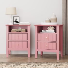 Fluted Night Stand Set of 2, Wide Nightstand with 2 Drawers, 23" Tall Wood End Table with Storage