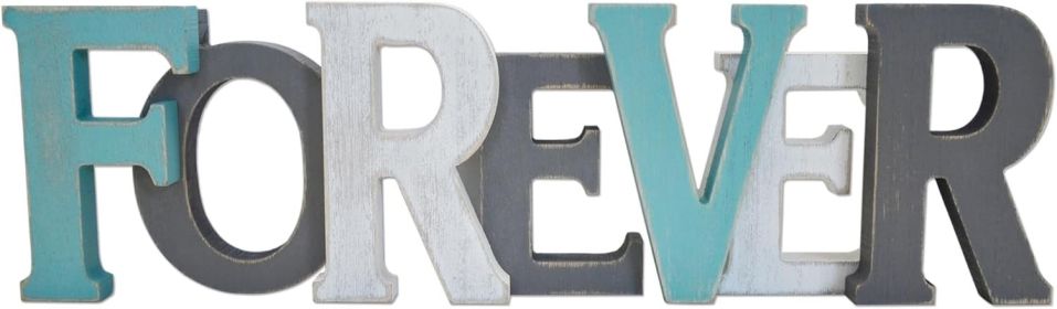 Forever Wood Signs in Grey Teal White Multicolor - Wooden Cutout Rustic Freestanding Script Decor for Shelf Mantels - 3D Thick Retro Aqua Forever