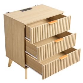 Fluted Nightstand with Charging Station, with 3 Drawers, Dresser for Bedroom, Mid Century Modern End Table