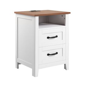Farmhouse Nightstand, with Charging Station, End Table with 2 Drawers and Open Shelf, Bedside Storage Cabinet
