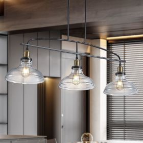 45" Industrial 3-Light Pendant Chandelier with Clear Glass Shades, Black Metal Frame, Adjustable Height, Modern Farmhouse Lighting for Kitchen Is