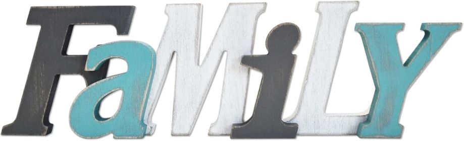 Family Wood Signs for Home Decor in Grey Teal White Multicolor - Rustic Freestanding Stacked Letters for Shelf Mantel- 3D Thick Retro Family Wood