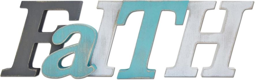 Faith Wood Alphabet Sign in Grey Teal White Multicolor - Wooden Cutout Rustic Freestanding Script Decor for Shelf Mantels - 3D Thick Retro Aqua L