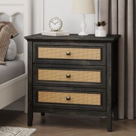 3 Drawer Dresser Rattan Dresser Wood Chest of Drawers Farmhouse Closet Dressers Modern Bedside Table Rustic Nightstand Storage Cabinet for Bedroo