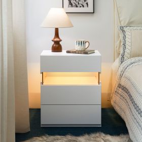 LED Nightstands 3 Drawer Dresser for Bedroom End Table with Acrylic Board LED Bedside Tables for Bedroom Living Room Bedside Furniture (White)