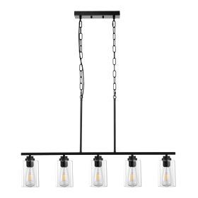 5-Light Kitchen Island Pendant Lights, 60W, Adjustable Dining Room Light Fixture with Clear Glass Lampshade 4 Rods 2 Metal Chains