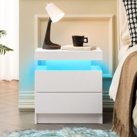 Nightstand LED Bedside Table Cabinet Lights Modern End Side with 2 Drawers for Bedroom (White)