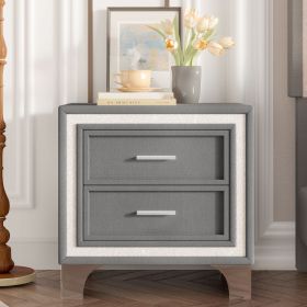 Mid Century Vintage Nightstand with Silver Glitter Strip Decor and Metal Legs, Velvet Bedside Table with 2 Drawers