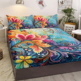 Bedding Fitted Sheet with Deep Pocket Mattress Cover Sheets,Colorful Flowers Printed Fabric Bed Sheets (size: Full)