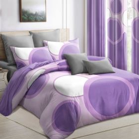 9-Piece Purple Geometric Circle Bedding & Curtain Set (Queen/King/Cal King) - Quilted Microfiber Bedspread + Sheer Curtains (Color: Purple Dot, size: Twin)