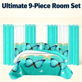 9-Piece Bedding & Curtain Combo Set, Teal Blue Butterfly Quilted Bedspread with 6 Matching Window Panels & 2 Pillow Shams (Color: Turquoise Butterfly, size: Queen)