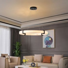 Modern LED Pendant Light, 24-Inch Round Hanging Chandelier With Adjustable Height, Marble Finish Resin Ring Ceiling Light (Option: White)